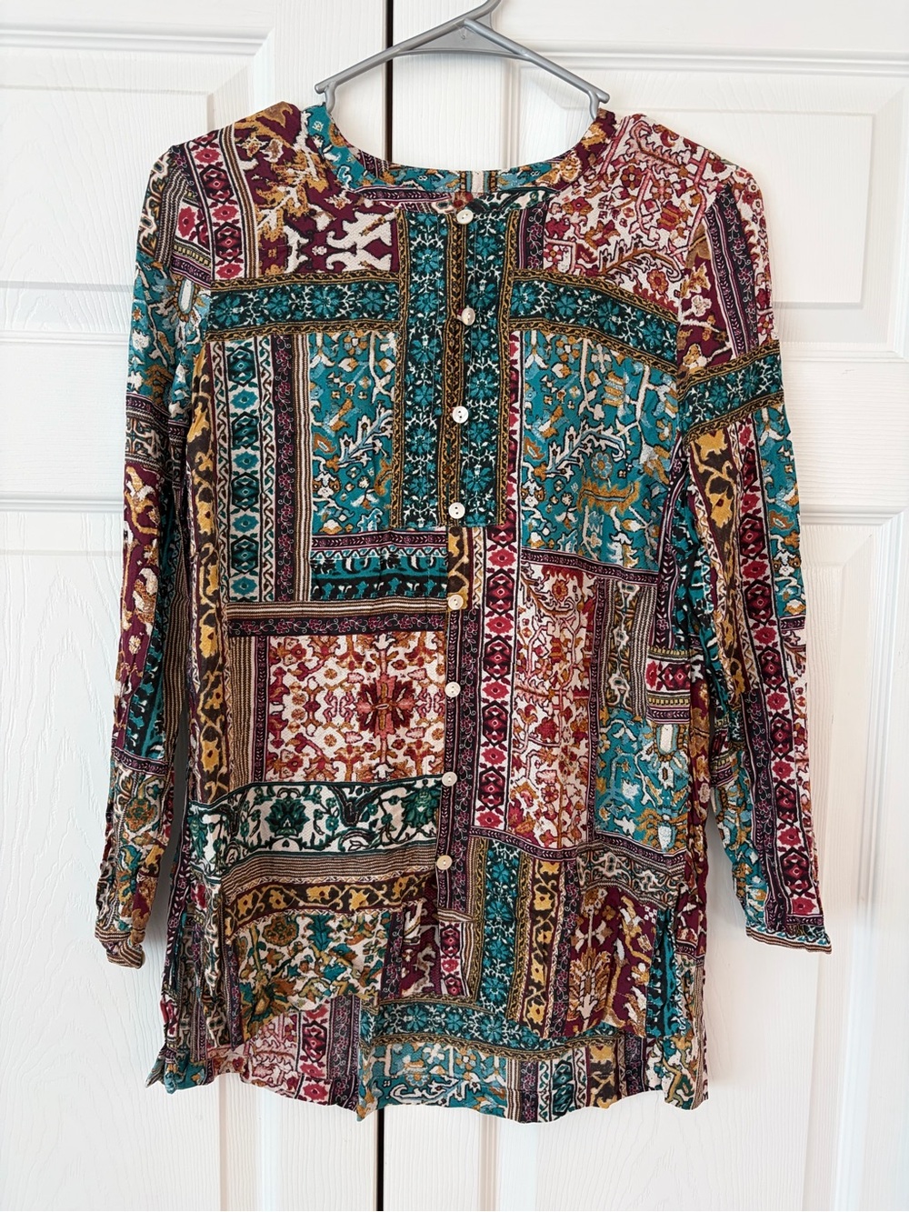 NWOT J.Jill Blue Flower Print Boho Button Up Sheer Tunic Blouse Shirt Size PXS